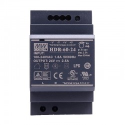 MeanWell HDR-60-24 60W 24VCC 2,5A Fuente de poder riel DIN con forma escalonada ultradelgada