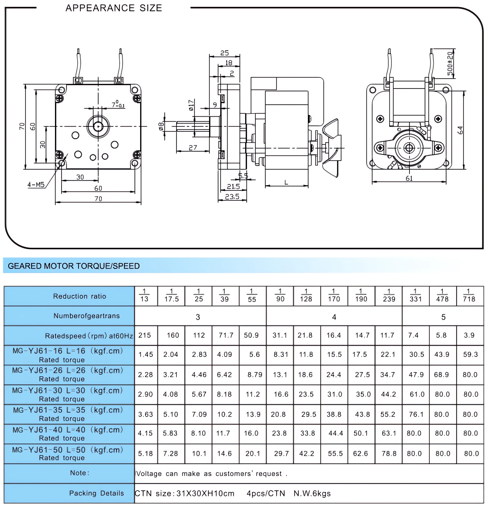 Motorreductor monofasico de polos sombreados MG-YJ61 CA 110/220 V con 13:1 a 718:1 caja de engranajes rectos