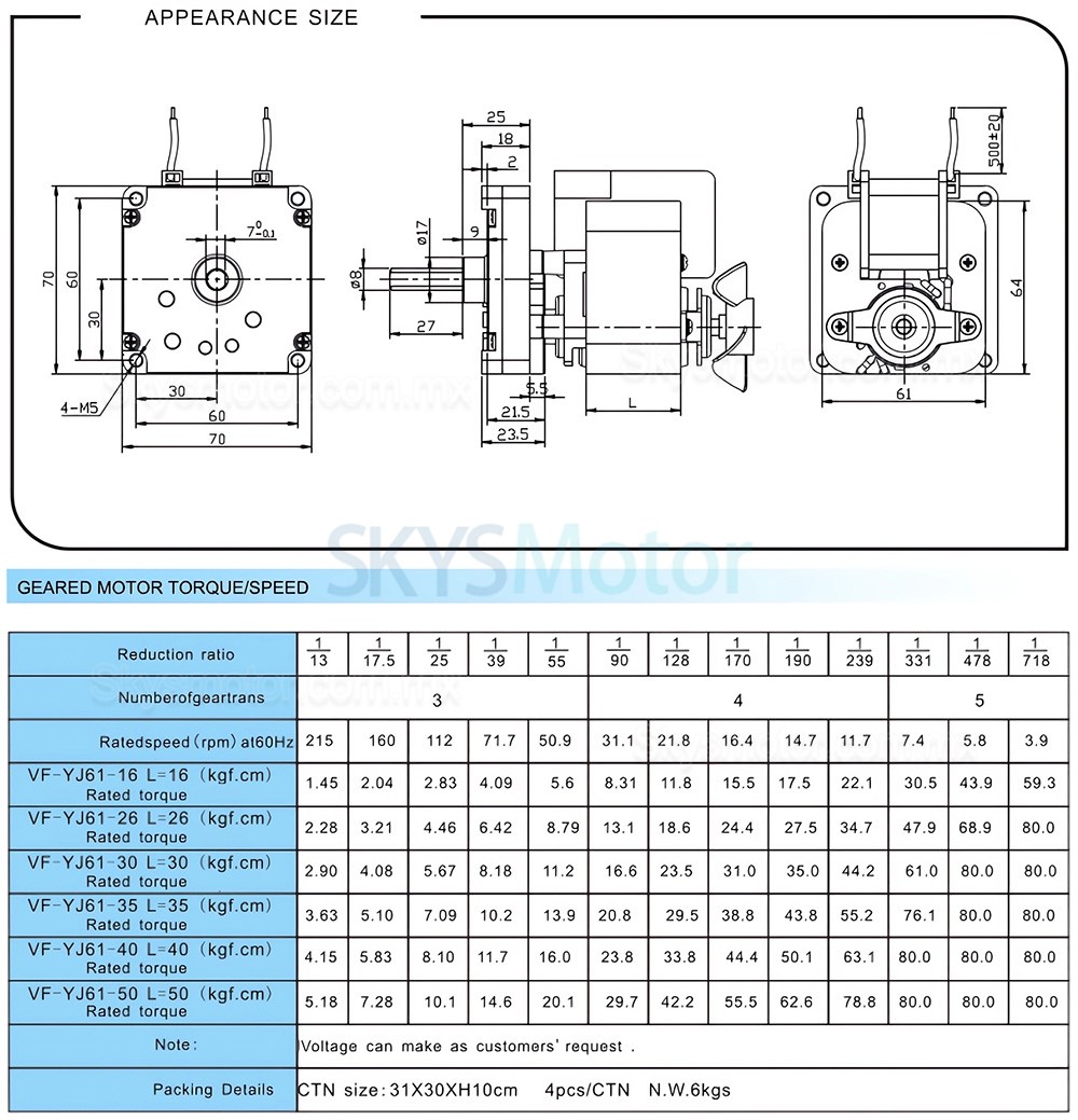 Motorreductor monofasico de polos sombreados MG-YJ61 CA 110/220 V con 13:1 a 718:1 caja de engranajes rectos