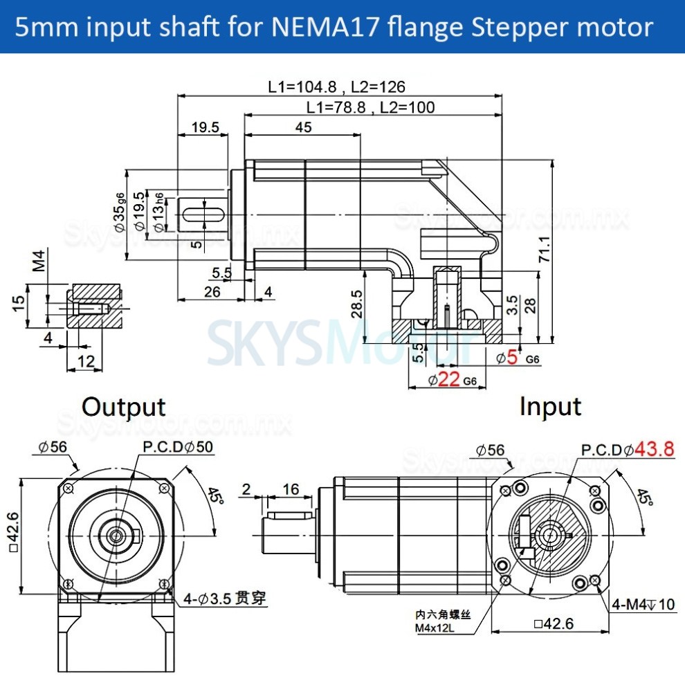 Reductor planetario de &aacute;ngulo recto Nema 17 serie PLMG042, relaci&oacute;n 3:1 - 100:1 para motor paso a paso Nema 17/servomotor de 40 mm