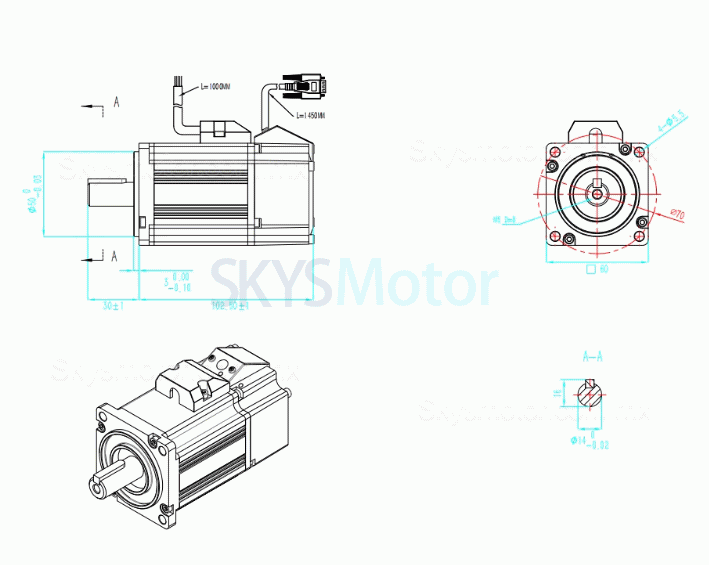 Servomotor CC 36V 60ASM200 200W 7,6A 0,63Nm 3000RPM trif&aacute;sico 60x60mm con codificador de 2500 l&iacute;neas