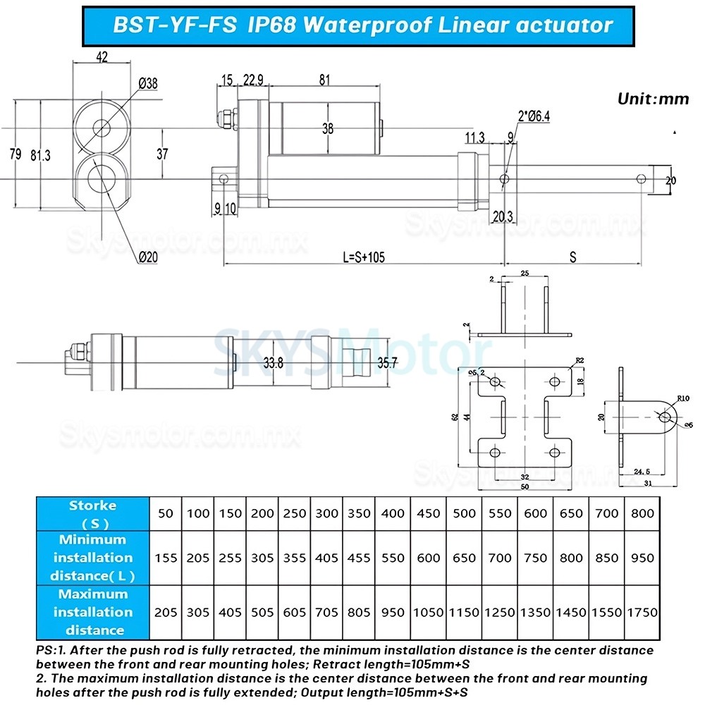 Actuador lineal el&eacute;ctrico sumergible IP68 BST-YF-FS 12V