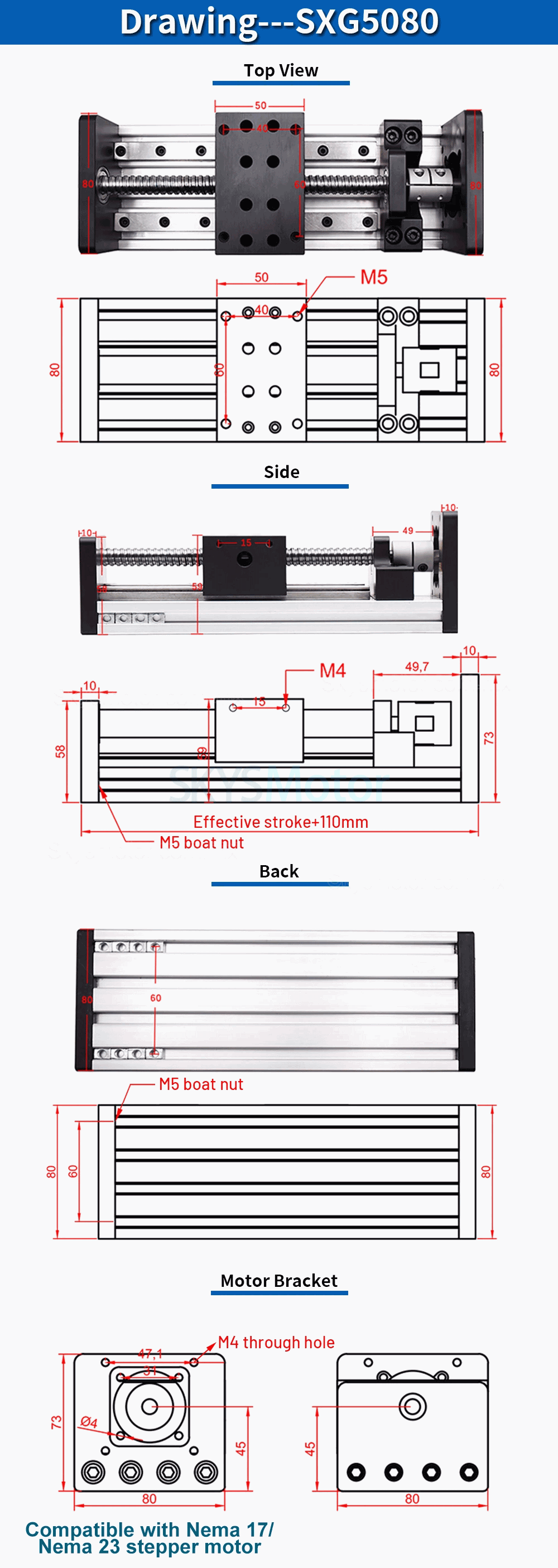 Gu&iacute;a lineal de husillo de bolas SXG5080-1, etapa lineal CNC, compatible con motores paso a paso Nema 17/Nema 23