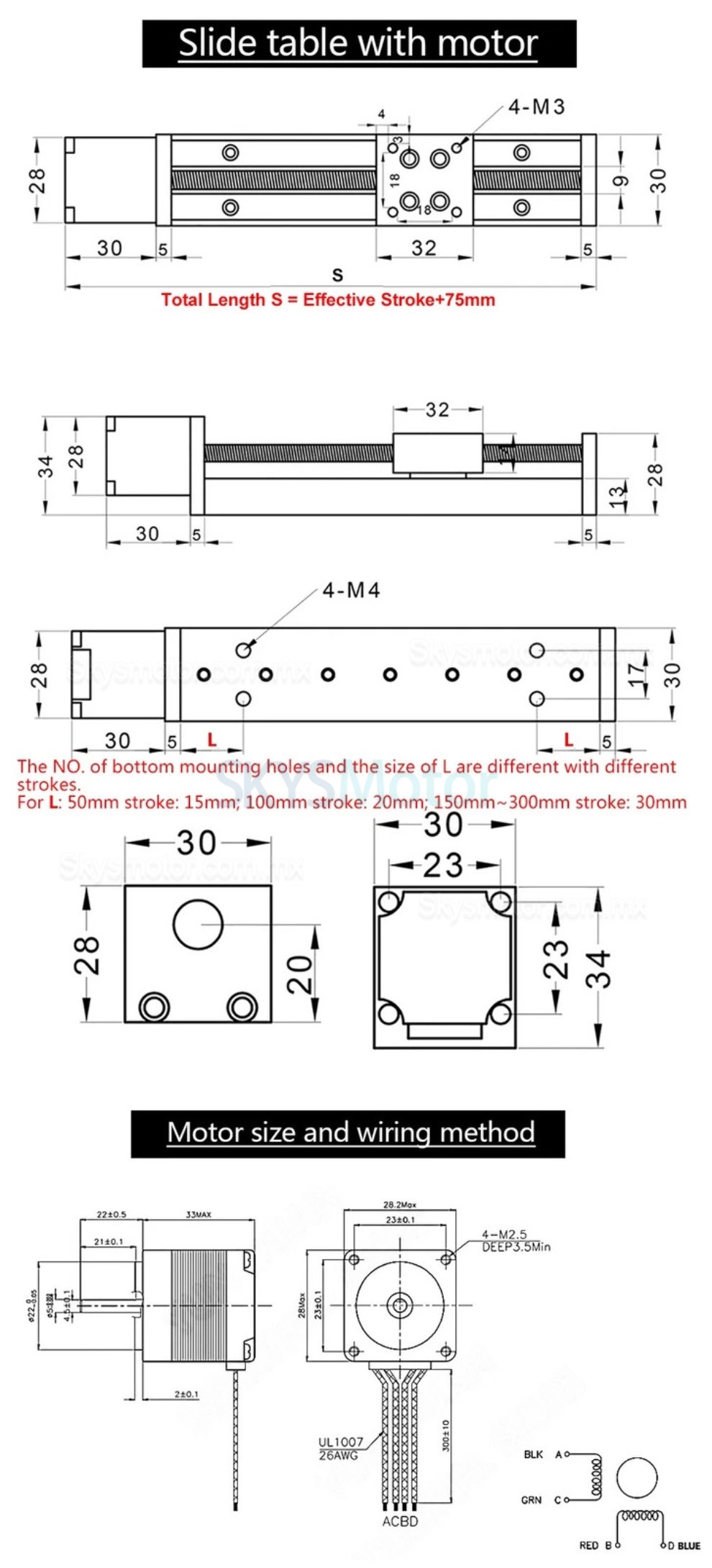 Guia lineal OSP001603, m&oacute;dulo de gu&iacute;a lineal, carrera 50 mm a 300 mm con kit motor Nema 11