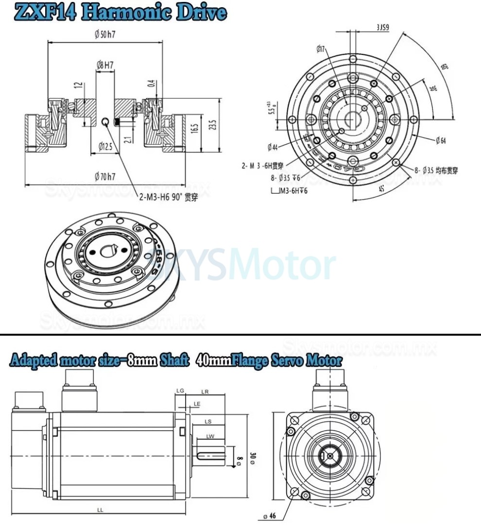Reductor arm&oacute;nico de la serie ZXF relaci&oacute;n 30:1/50:1/80:1/100:1/120:1/160:1 para motor paso a paso/servomotor
