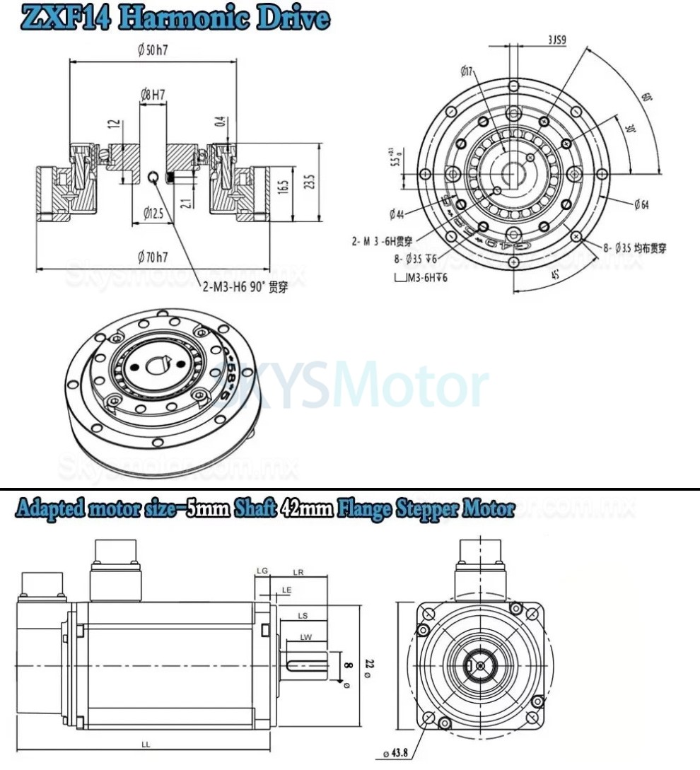Reductor arm&oacute;nico de la serie ZXF relaci&oacute;n 30:1/50:1/80:1/100:1/120:1/160:1 para motor paso a paso/servomotor