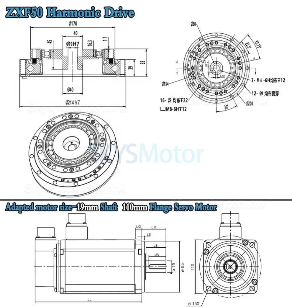 Reductor arm&oacute;nico de la serie ZXF relaci&oacute;n 30:1/50:1/80:1/100:1/120:1/160:1 para motor paso a paso/servomotor