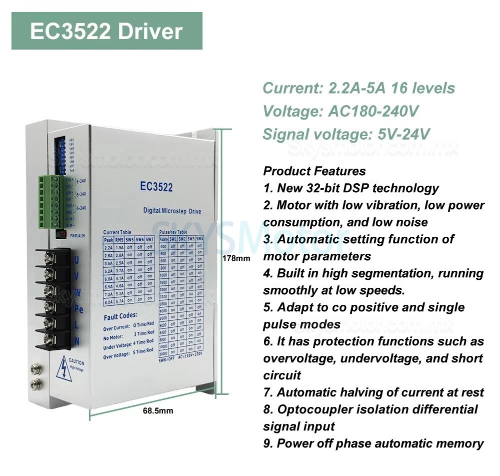 Controlador motor paso a paso trif&aacute;sico EC3522 2,2-5 A 110-220 V CA para motor paso a paso Nema34 de 86 mm