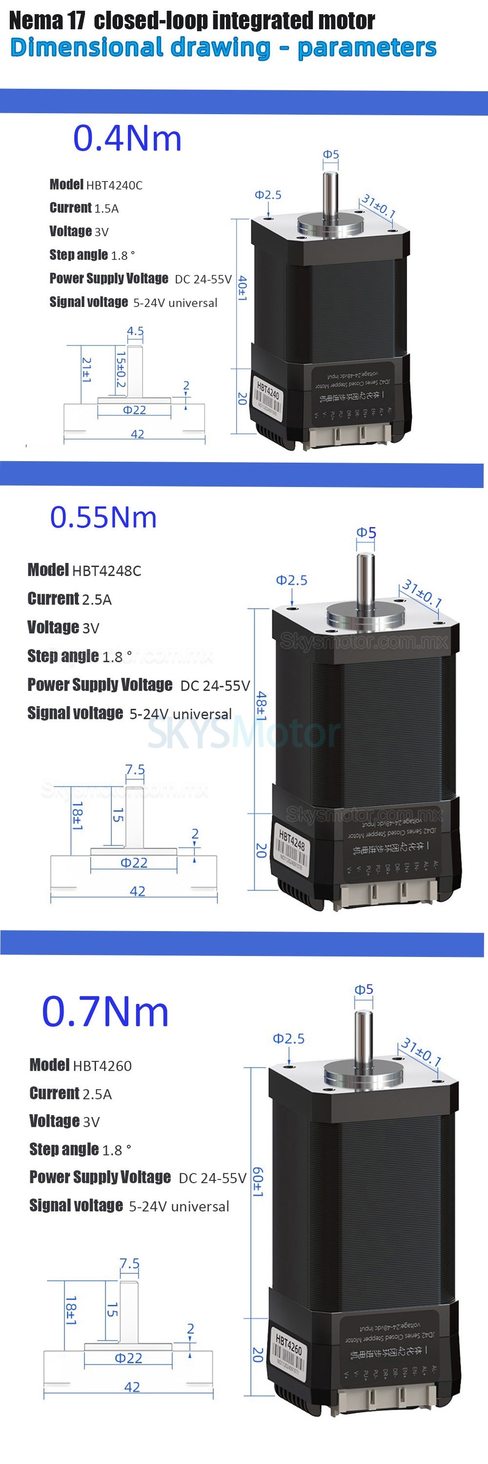 Motor paso a paso de bucle cerrado integrado Nema 17, serie HBT42, 0,4 Nm/0,55 Nm/0,7 Nm, con codificador de 1000 l&iacute;neas