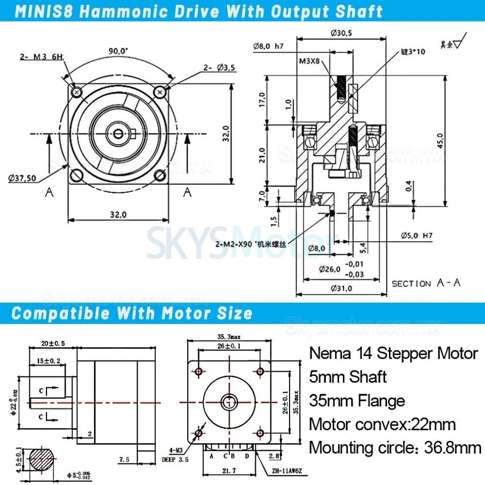 Motorreductor paso a paso arm&oacute;nico serie MINIS/MINIF relaci&oacute;n 30:1/50:1/100:1