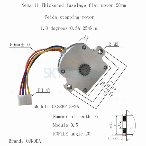 Motor paso a paso de panqueques Nema 11 plano OK28BP13-2A ​​2 fases 1,8grados 2,5 Ncm 4 cables