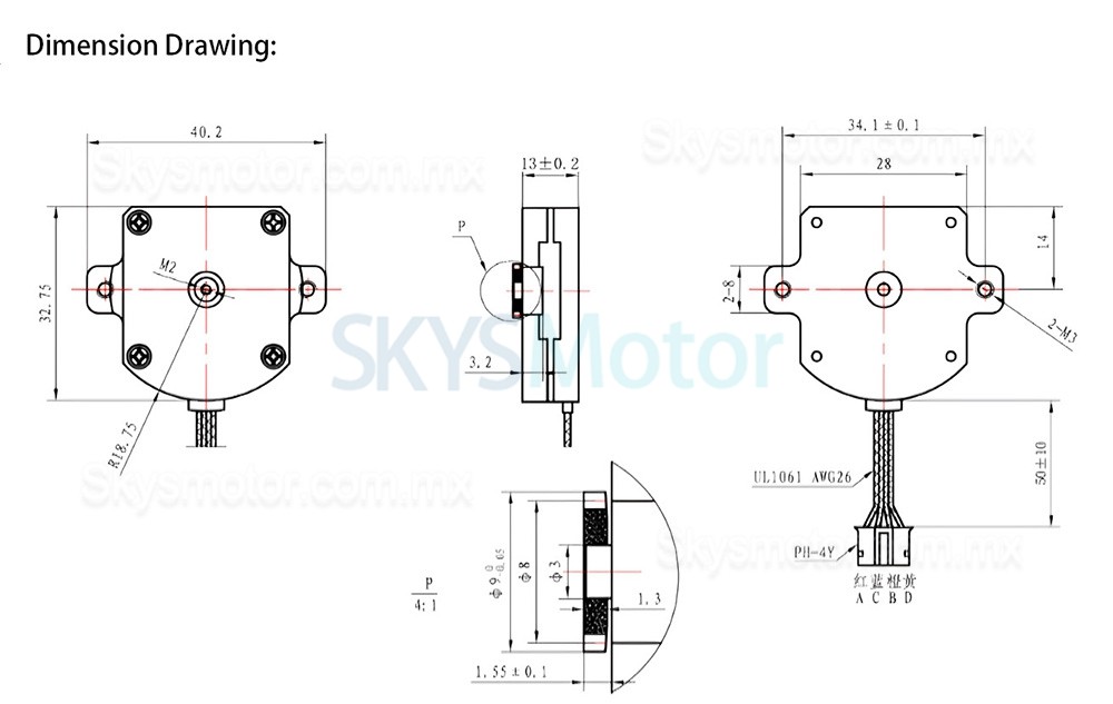 Motor paso a paso de panqueques Nema 11 plano OK28BP13-2A ​​2 fases 1,8grados 2,5 Ncm 4 cables