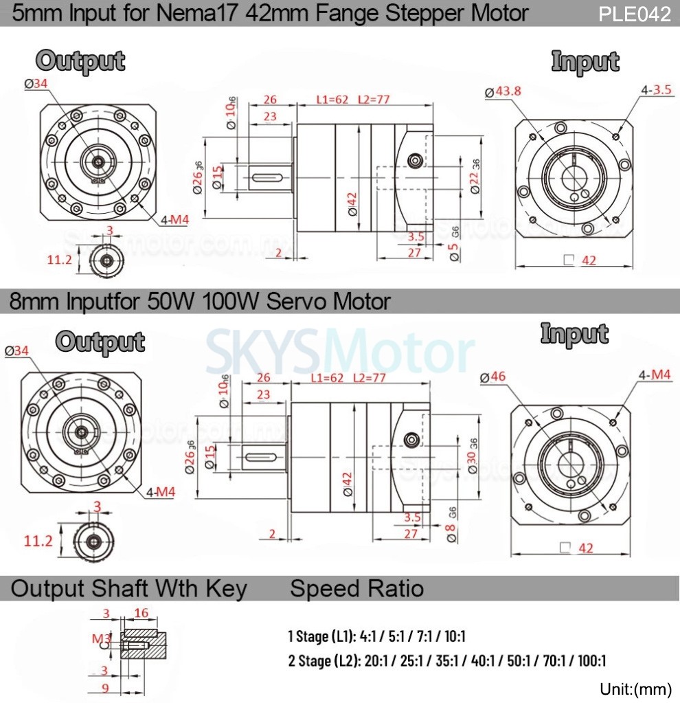 Reductoras planetarias Nema 17 serie PLE042, relaci&oacute;n 4:1 - 100:1 para motor paso a paso NEMA17/servomotor de 40 mm, 50 W, 100 W