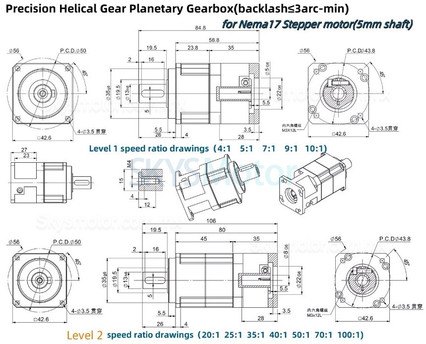 Reductor planetario helicoidal PLG042, relaci&oacute;n 4:1 - 100:1, compatible con motor paso a paso NEMA 17 y servomotor de 40 mm