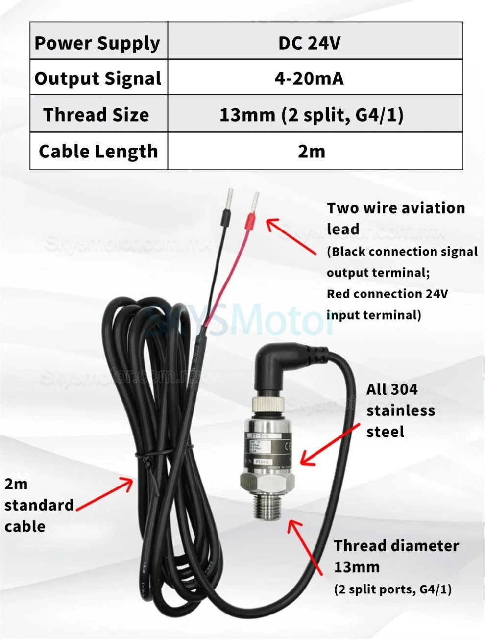 Sensor de presi&oacute;n PT506 con cable 24 V IP68 G1/4, conector transmisor de presi&oacute;n para agua, gas e hidr&aacute;ulico