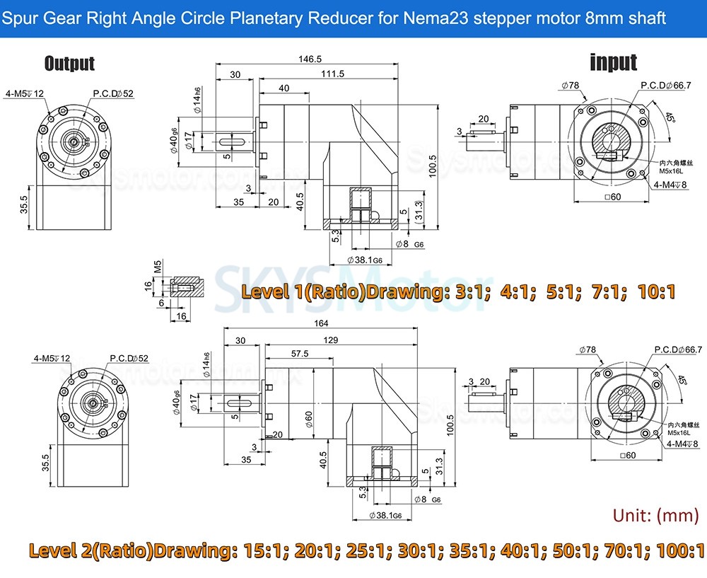 Reductor planetario de &aacute;ngulo recto Nema 23 serie PVE060, relaci&oacute;n 3:1 - 100:1, para motor paso a paso Nema 23/servomotor de 60 mm