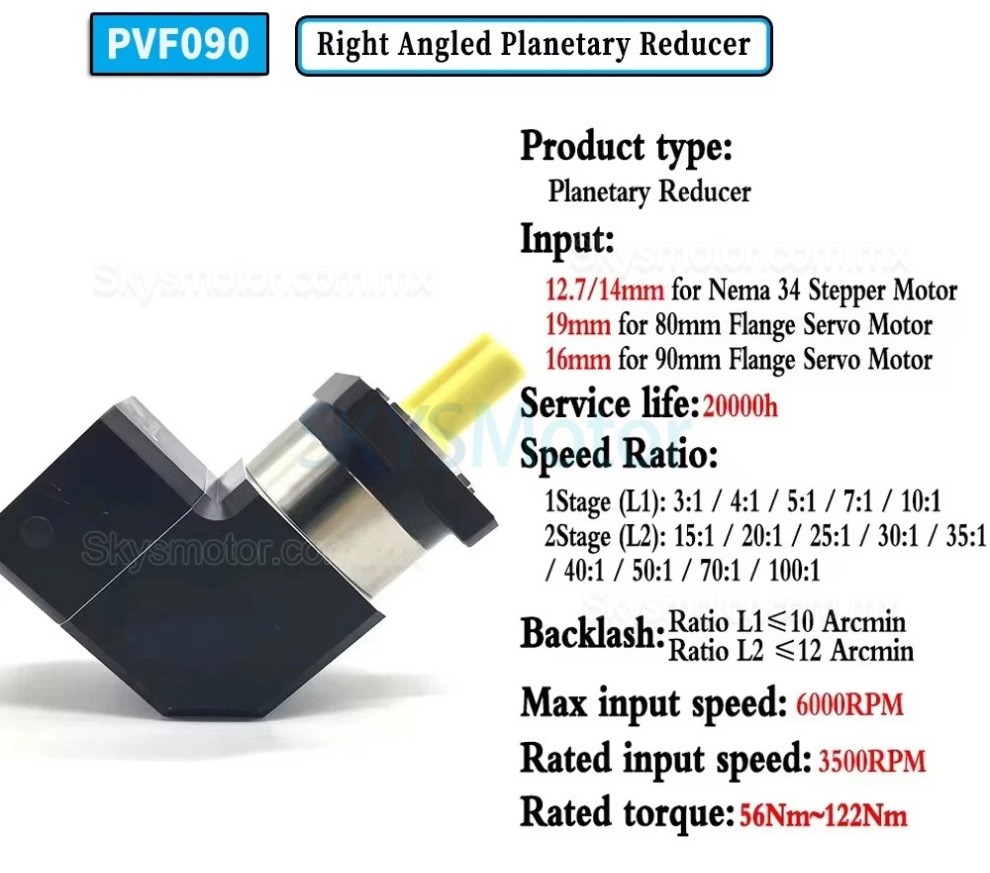 Reductor planetario de &aacute;ngulo recto Nema34 serie PVF090, relaci&oacute;n 3:1 - 100:1 para motor paso a paso Nema34/servomotor de 90 mm