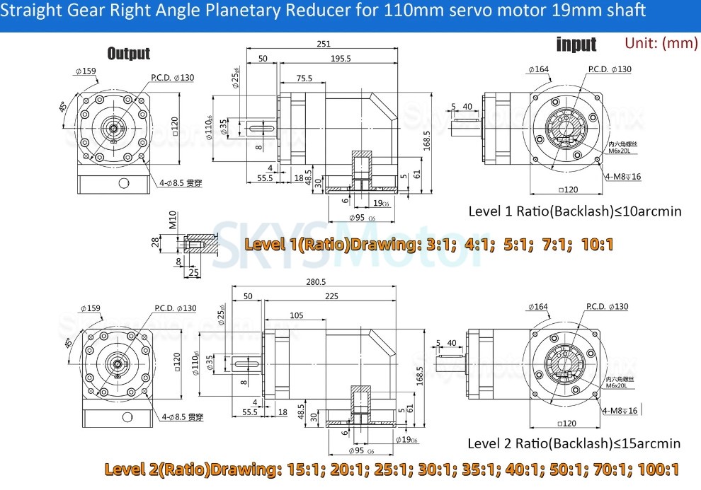 Reductor planetario de &aacute;ngulo recto Nema 42 serie PVF120, relaci&oacute;n 3:1 - 100:1 para motor paso a paso Nema 42/servomotor de 100-130 mm