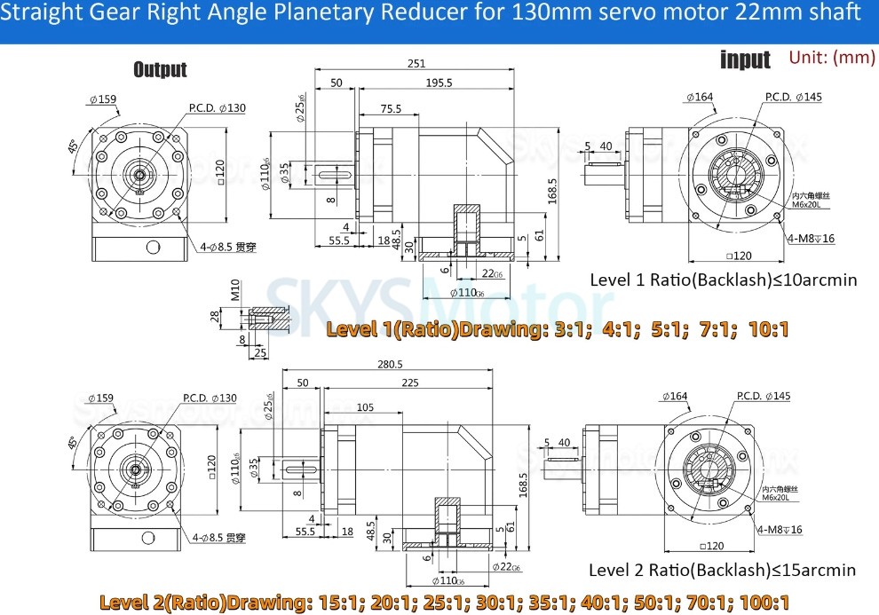 Reductor planetario de &aacute;ngulo recto Nema 42 serie PVF120, relaci&oacute;n 3:1 - 100:1 para motor paso a paso Nema 42/servomotor de 100-130 mm