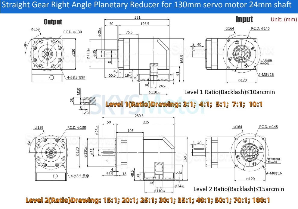 Reductor planetario de &aacute;ngulo recto Nema 42 serie PVF120, relaci&oacute;n 3:1 - 100:1 para motor paso a paso Nema 42/servomotor de 100-130 mm