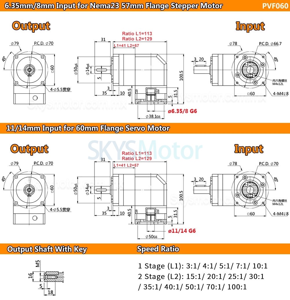 Reductor planetario de &aacute;ngulo recto Nema 23 serie PVF060, relaci&oacute;n 3:1 - 100:1, para servomotores Nema 23 de 60 mm