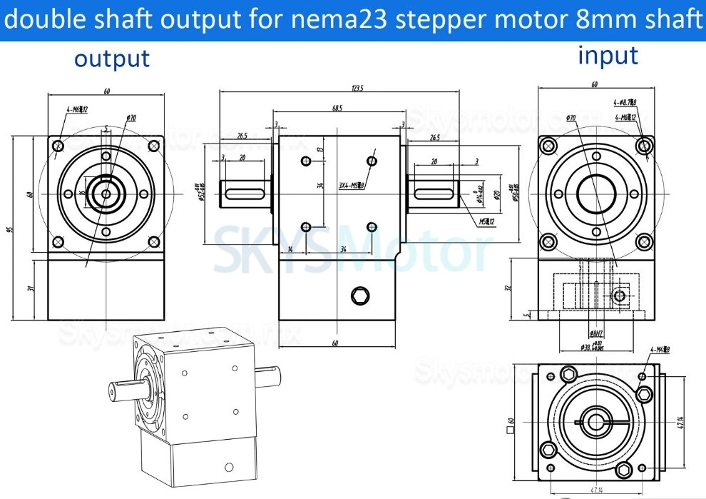 Reductores de engranajes c&oacute;nicos en &aacute;ngulo recto Nema 23, relaci&oacute;n 2:1/3:1/5:1 para motor paso a paso Nema 23