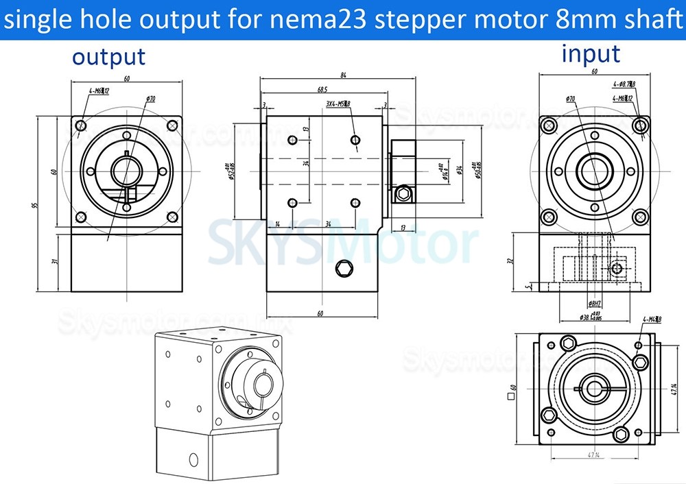 Reductores de engranajes c&oacute;nicos en &aacute;ngulo recto Nema 23, relaci&oacute;n 2:1/3:1/5:1 para motor paso a paso Nema 23