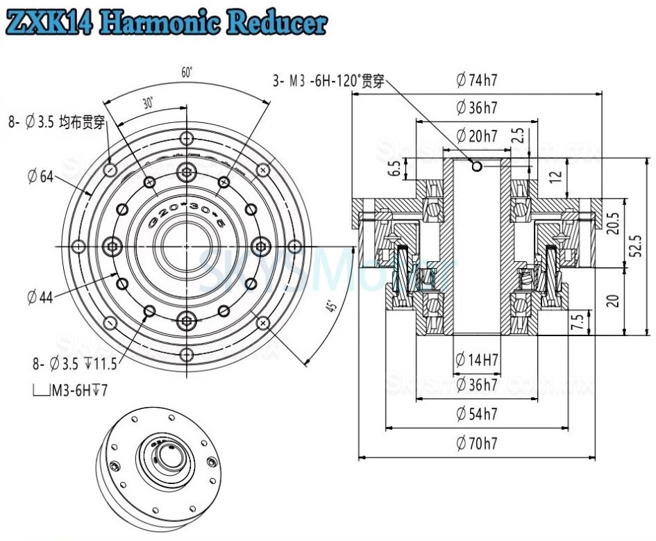 Reductor arm&oacute;nica tipo hueco serie ZXK relaci&oacute;n 30:1/50:1/80:1/100:1/120:1/160:1,huelgo 30 arc-sec