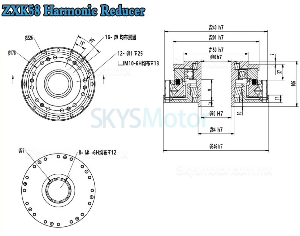 Reductor arm&oacute;nica tipo hueco serie ZXK relaci&oacute;n 30:1/50:1/80:1/100:1/120:1/160:1,huelgo 30 arc-sec